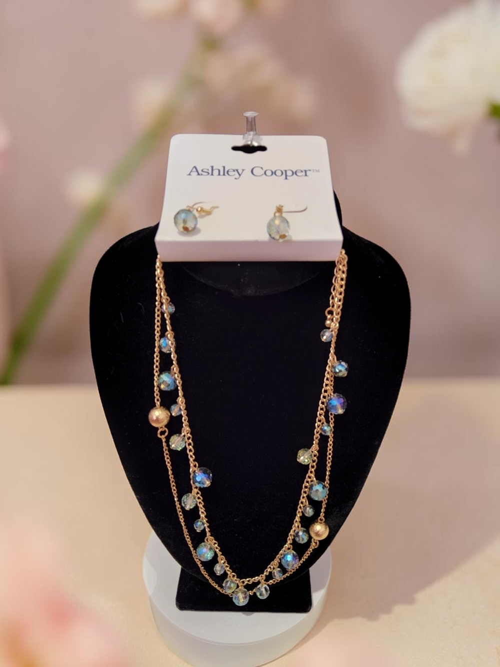 Ashley Cooper Gold-Tone Layered Necklace with Blue Iridescent Beads